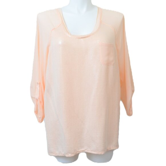 Lane Bryant PLUS Size (18/20) 2X Peach Sequins Roll Tab Sleeves Tunic Blouse - Picture 1 of 7